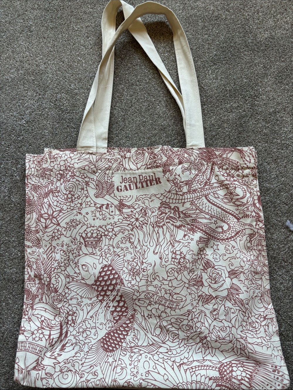 Jean Paul Gaultier Cream and Maroon Illustrated Canvas Tote